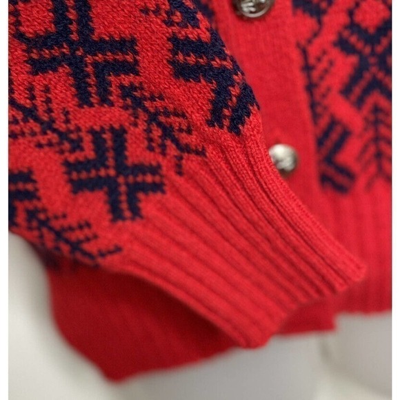 VINTAGE Fall River Wool Blend Cardigan Sweater Womens Medium Red Blue Snowflake - Picture 4 of 12